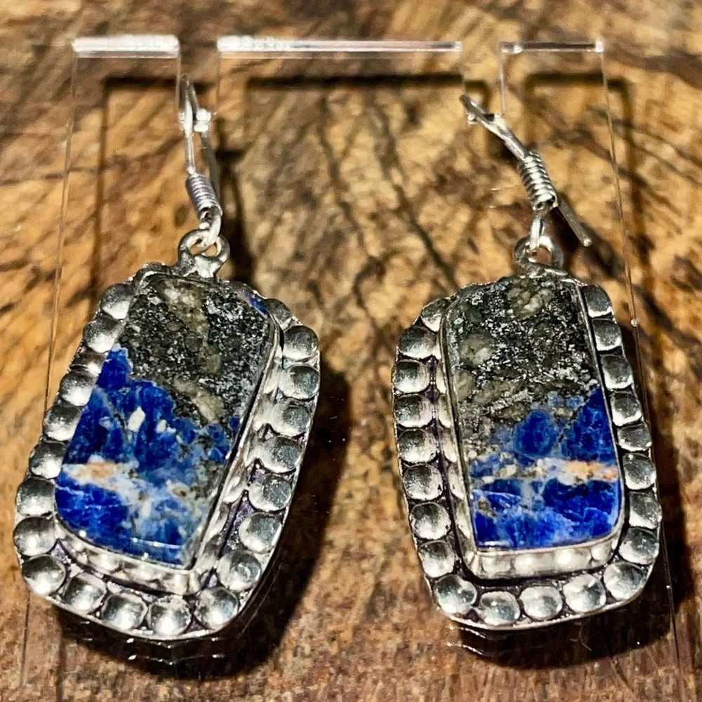Navy Sodalite with Pyrite Earrings 1 1/2” - Picture 7 of 11